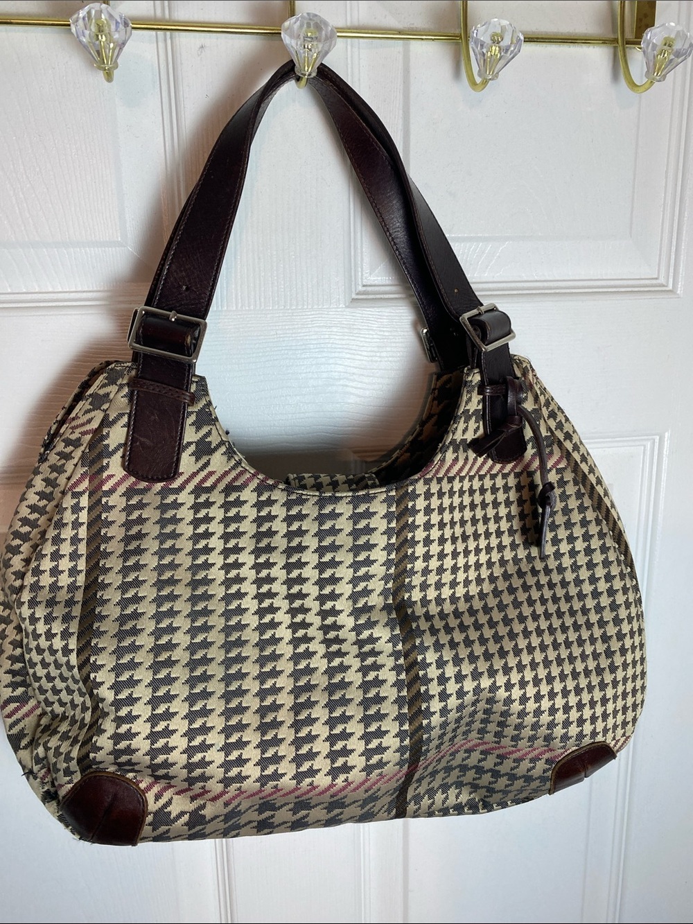 Lauren Ralph Lauren Houndstooth Shoulder Bag in Cream and Dark Brown